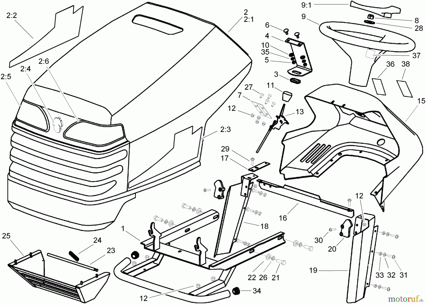  Toro Neu Mowers, Lawn & Garden Tractor Seite 1 74571 (DH 200) - Toro DH 200 Lawn Tractor, 2005 (250000001-250999999) BODY AND HOOD ASSEMBLY