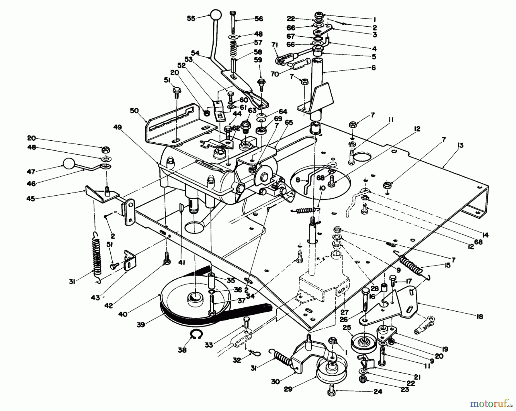  Toro Neu Mowers, Rear-Engine Rider 56127 (7-25) - Toro 7-25 Rear Engine Rider, 1988 (8000001-8999999) TRANSMISSION & LINKAGE ASSEMBLY