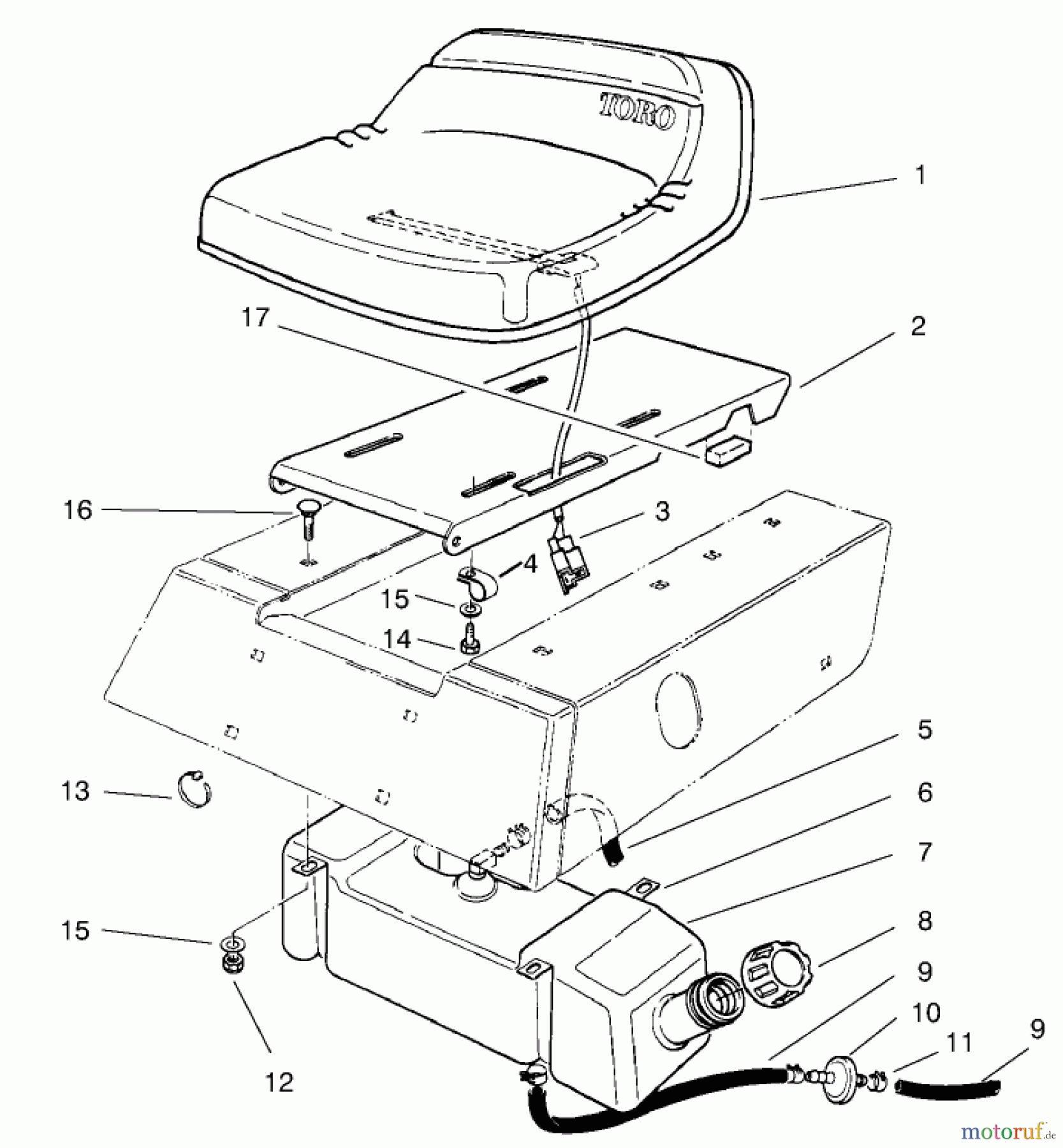  Toro Neu Mowers, Rear-Engine Rider 70122 (8-25) - Toro 8-25 Rear Engine Rider, 2001 (210000001-210999999) SEAT & GAS TANK ASSEMBLY