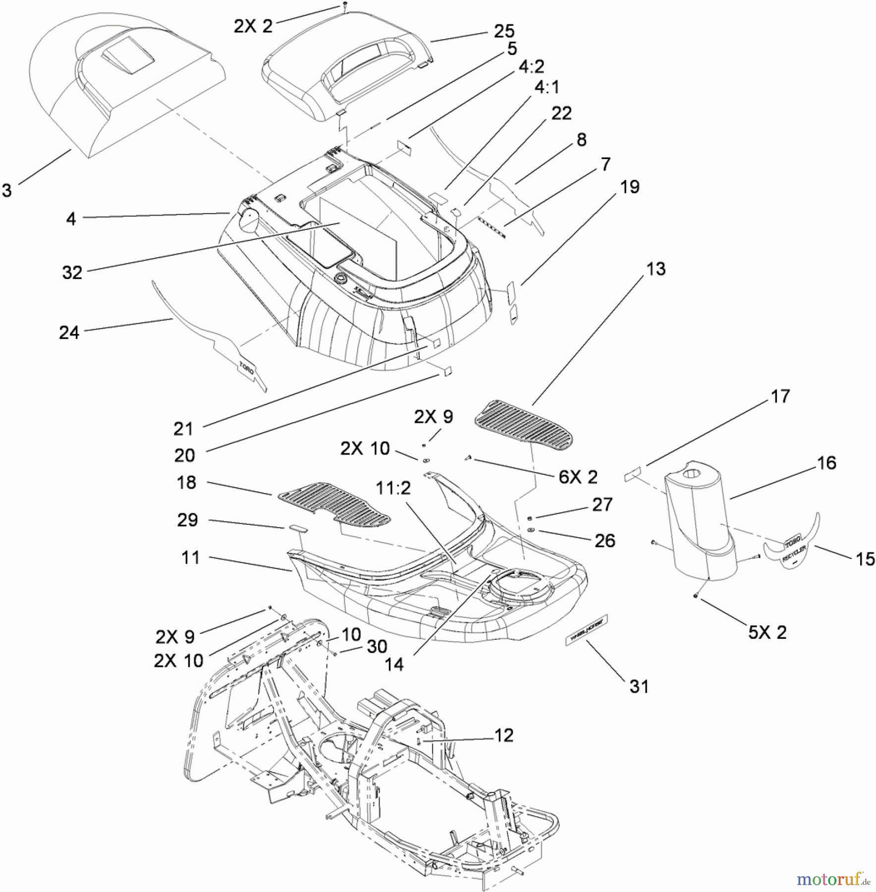  Toro Neu Mowers, Rear-Engine Rider 70185 (G132) - Toro G132 Rear-Engine Riding Mower, 2010 (310000001-310999999) BODY AND DECAL ASSEMBLY