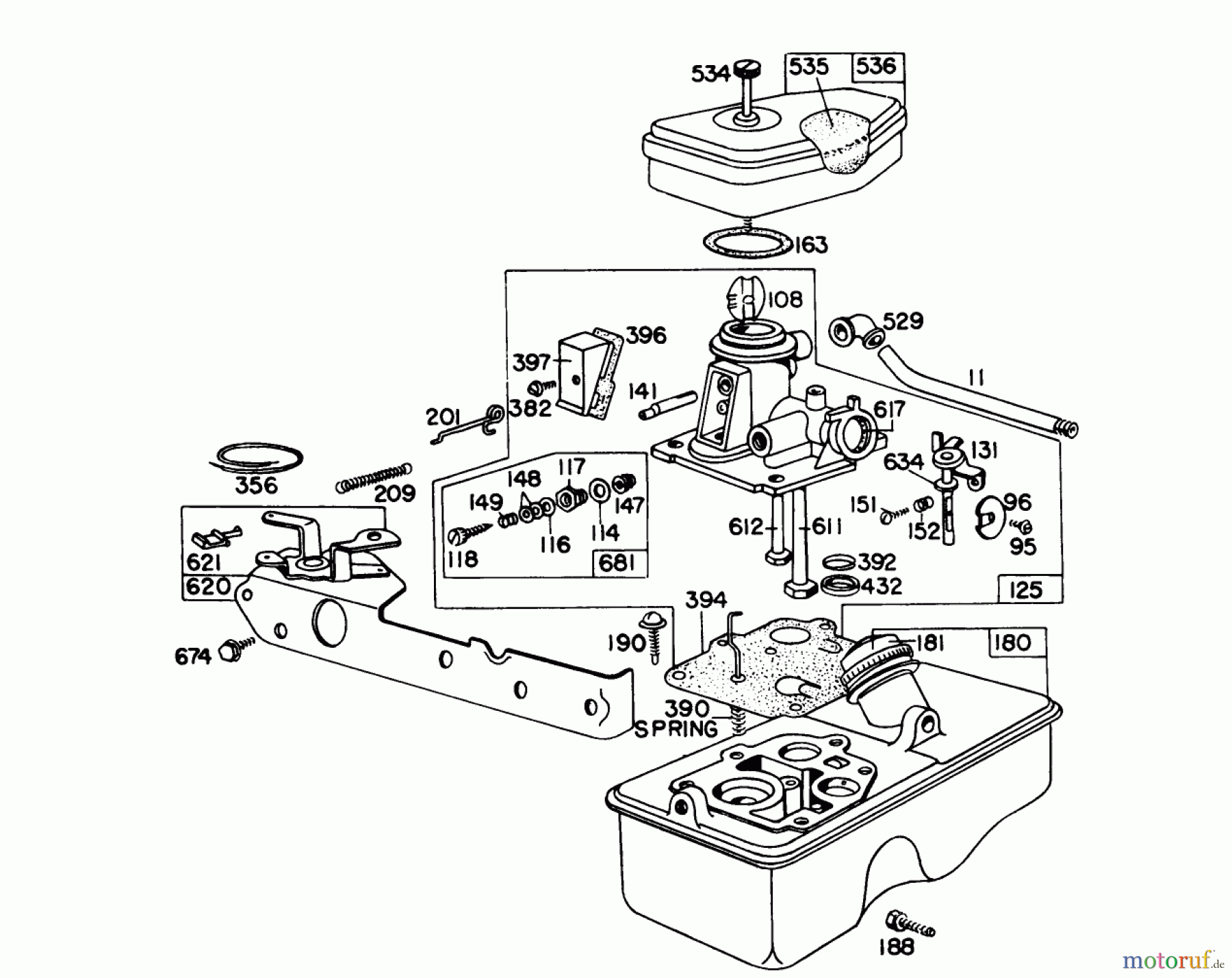  Toro Neu Mowers, Walk-Behind Seite 1 16009 - Toro Whirlwind II Lawnmower, 1977 (7000001-7999999) CARBURETOR ASSEMBLY MODEL 390065 FOR 21