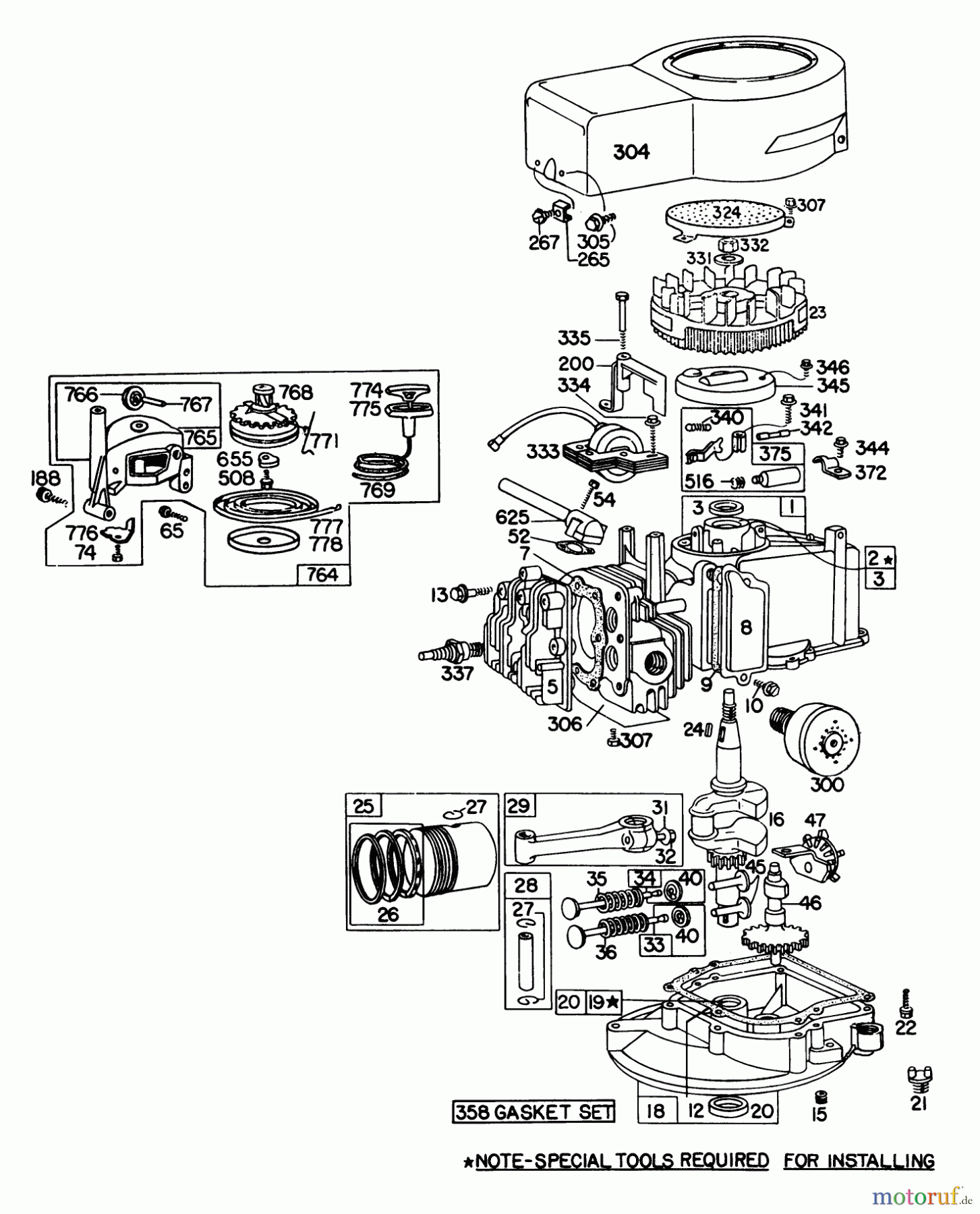 Toro Neu Mowers, Walk-Behind Seite 1 16113 - Toro Whirlwind II Lawnmower, 1977 (7000001-7999999) ENGINE BRIGGS & STRATTON MODEL 92908-1744-01 FOR 21