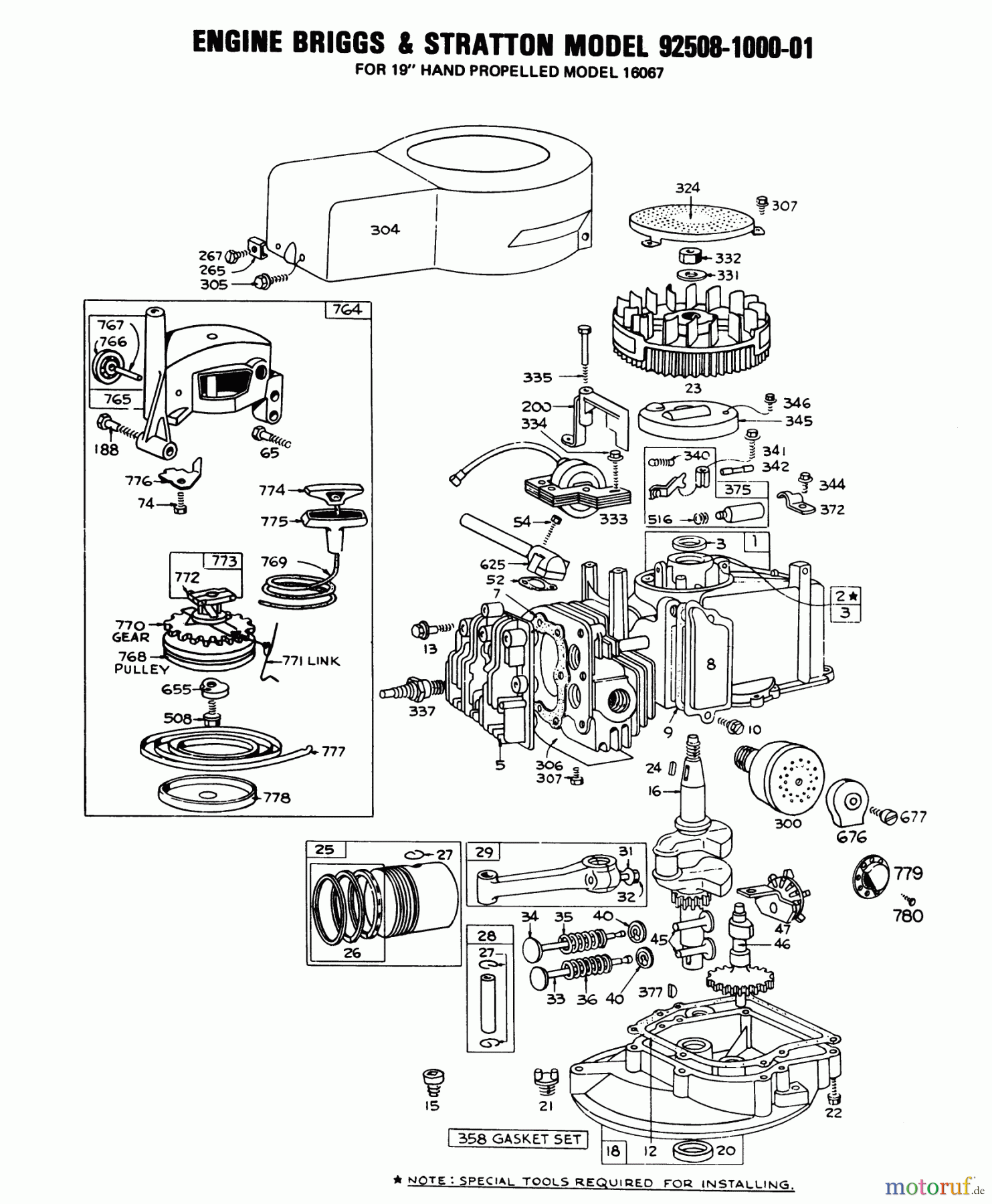  Toro Neu Mowers, Walk-Behind Seite 1 16287 - Toro Whirlwind II Lawnmower, 1978 (8000001-8999999) ENGINE BRIGGS & STRATTON MODEL 92508-1000-01 FOR 19