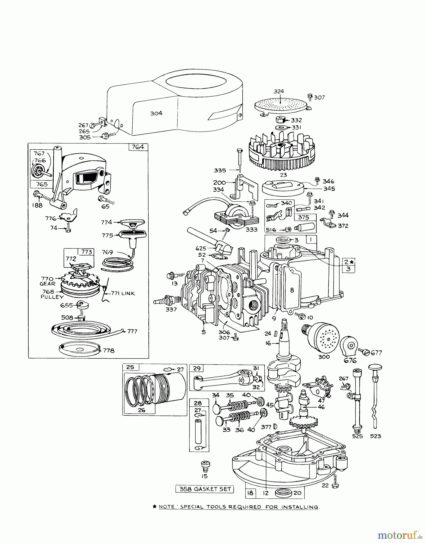  Toro Neu Mowers, Walk-Behind Seite 1 16173 - Toro Whirlwind Lawnmower, 1975 (5000001-5999999) ENGINE BRIGGS & STRATTON MODEL 92908-1596-01 FOR 21