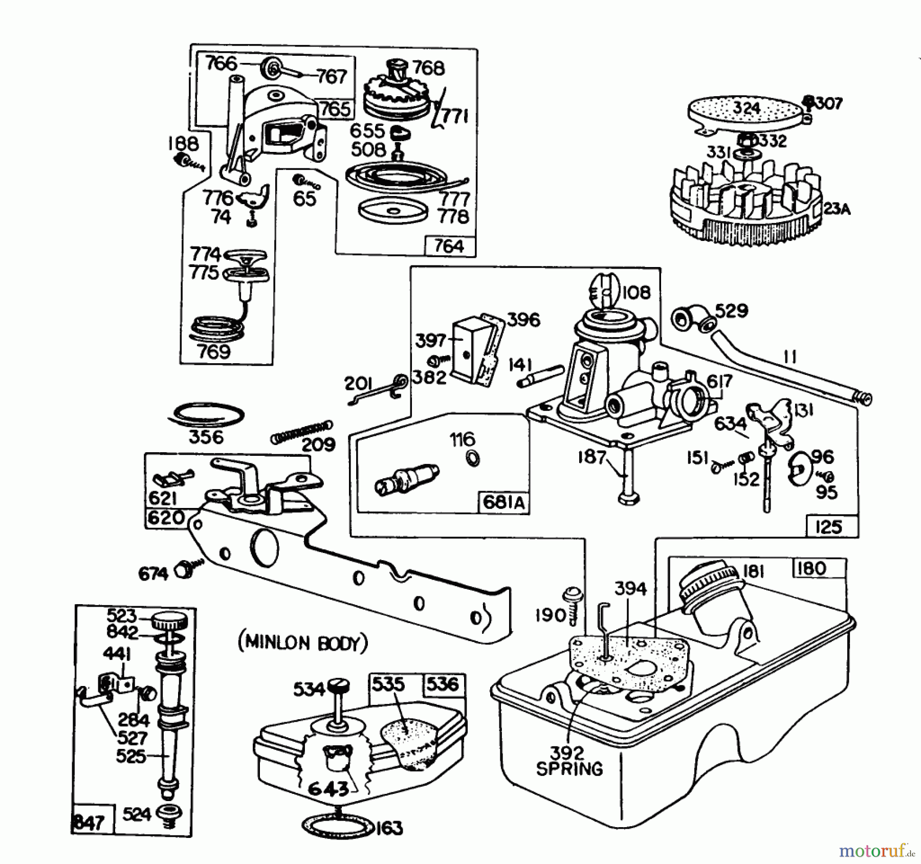 Toro Neu Mowers, Walk-Behind Seite 1 16890 - Toro Lawnmower, 1981 (1000001-1999999) CARBURETOR ASSEMBLY BRIGGS & STRATTON MODEL NO. 93508-0197-01