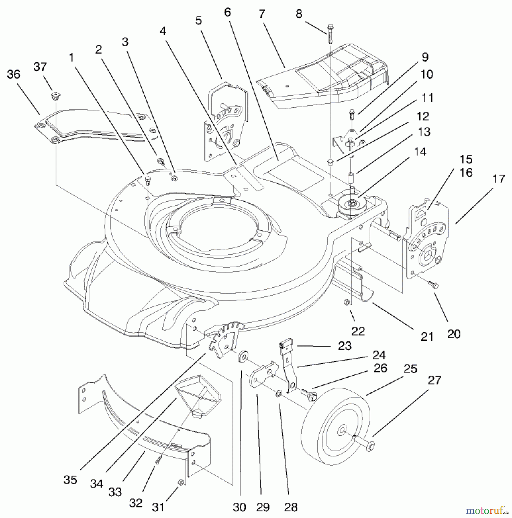  Toro Neu Mowers, Walk-Behind Seite 1 20028 - Toro Recycler Mower, 2000 (200000001-200999999) HOUSING, HANDLE BRACKETS, & WHEEL ASSEMBLY