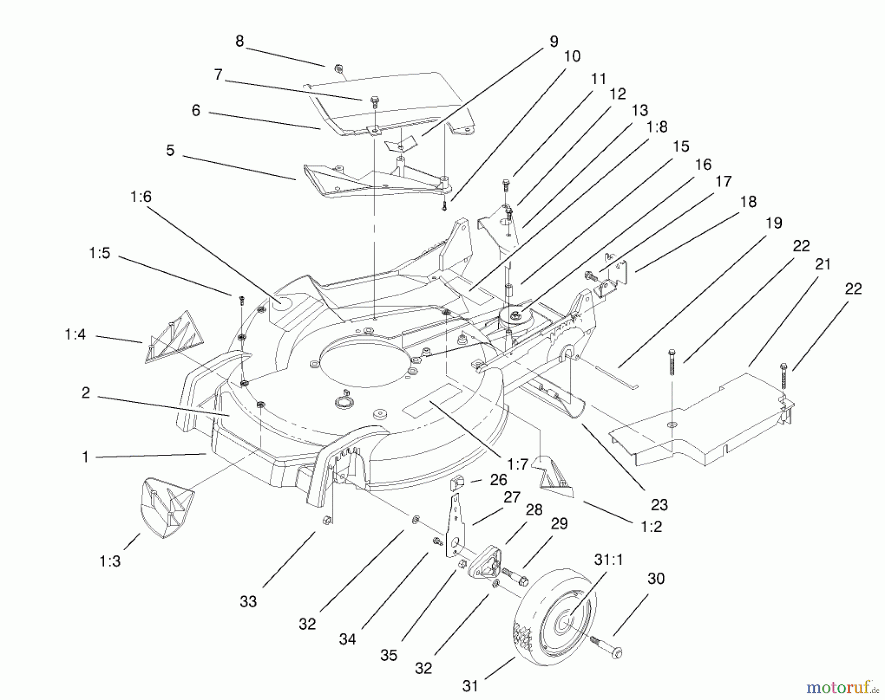  Toro Neu Mowers, Walk-Behind Seite 1 20043 (SR-21SB) - Toro Super Recycler Mower, SR-21SB, 1999 (9900001-9999999) HOUSING, HANDLE BRACKETS, & WHEEL ASSEMBLY