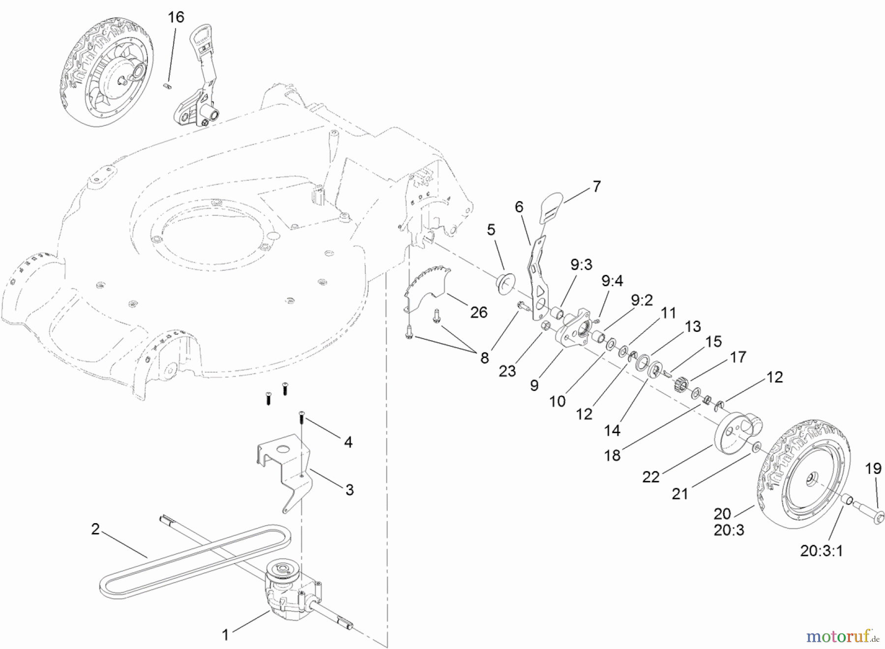 Toro Neu Mowers, Walk-Behind Seite 1 20384 - Toro Super Recycler Lawn Mower, 2012 (SN 312000001-312999999) REAR WHEEL AND HEIGHT-OF-CUT ASSEMBLY