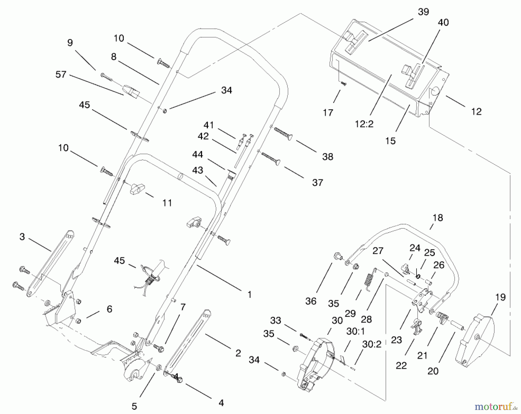  Toro Neu Mowers, Walk-Behind Seite 1 20487 (SR-21OSBB) - Toro Super Recycler Mower, SR-21OSBB, 2001 (210000001-210999999) HANDLE AND CONTROL ASSEMBLY