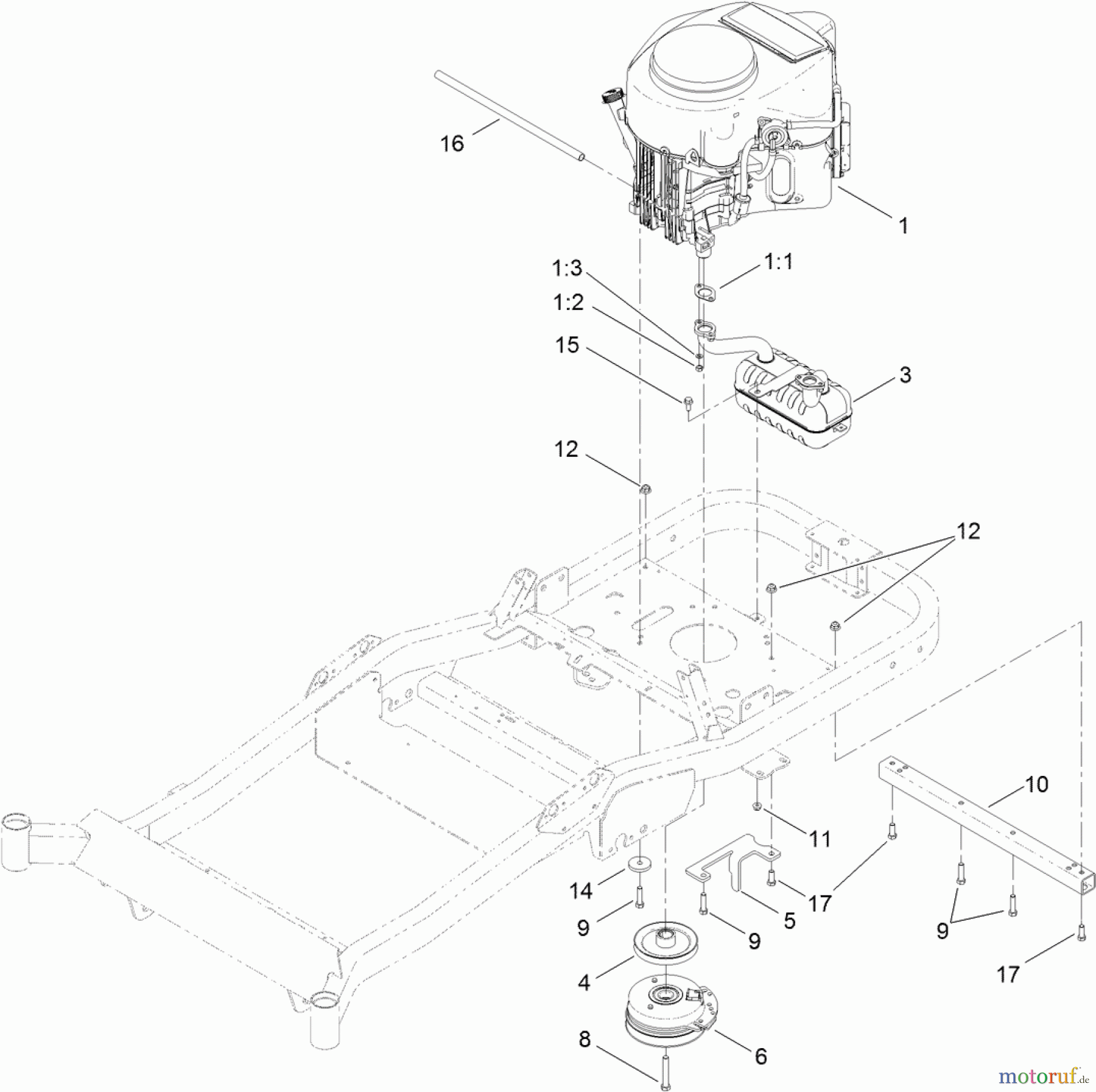  Toro Neu Mowers, Zero-Turn 74842 (ZX5420) - Toro TITAN ZX5420 Zero-Turn-Radius Riding Mower, 2012 (SN 312000001-312999999) ENGINE, MUFFLER AND CLUTCH ASSEMBLY