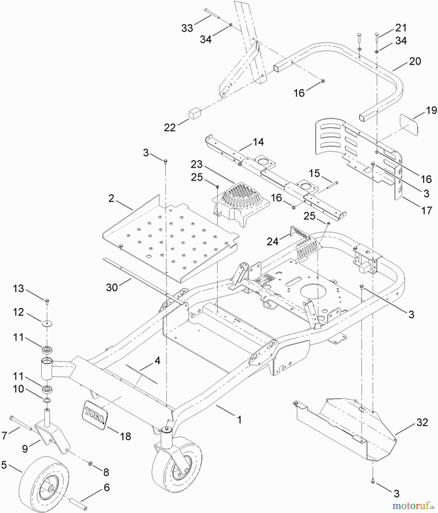  Toro Neu Mowers, Zero-Turn 74871 (MX4880) - Toro TITAN MX4880 Zero-Turn-Radius Riding Mower, 2012 (SN 312000001-312999999) MAIN FRAME AND CASTER WHEEL ASSEMBLY