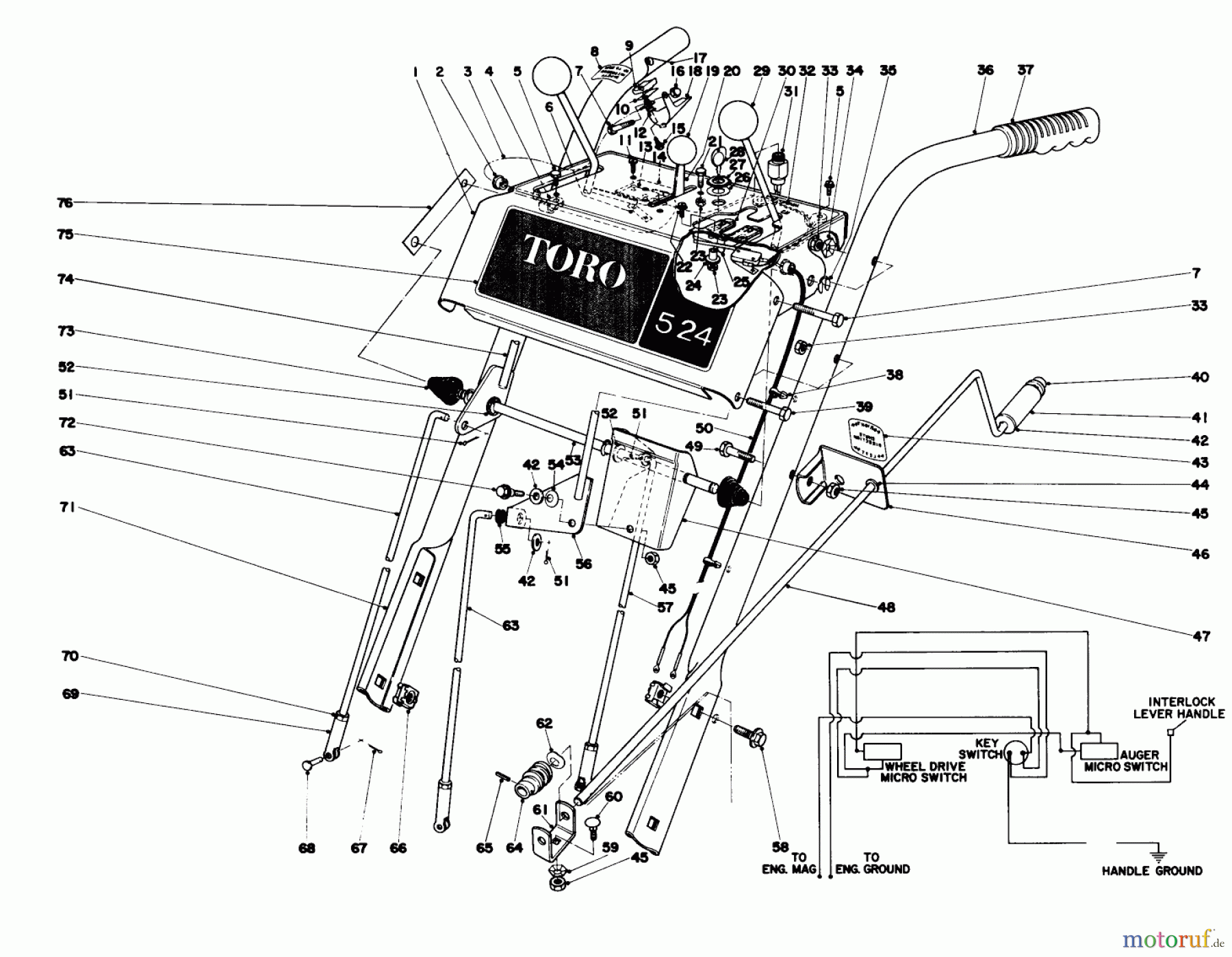  Toro Neu Snow Blowers/Snow Throwers Seite 1 31625 (524) - Toro 524 Snowthrower, 1976 (6000001-6999999) HANDLE ASSEMBLY