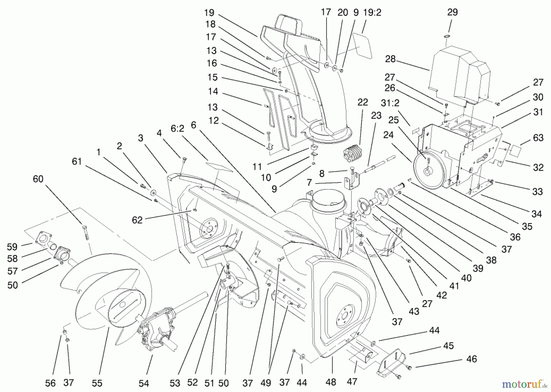  Toro Neu Snow Blowers/Snow Throwers Seite 1 38087 (1332) - Toro 1332 Power Shift Snowthrower, 2002 (220000001-220999999) HOUSING AND ENGINE FRAME ASSEMBLY