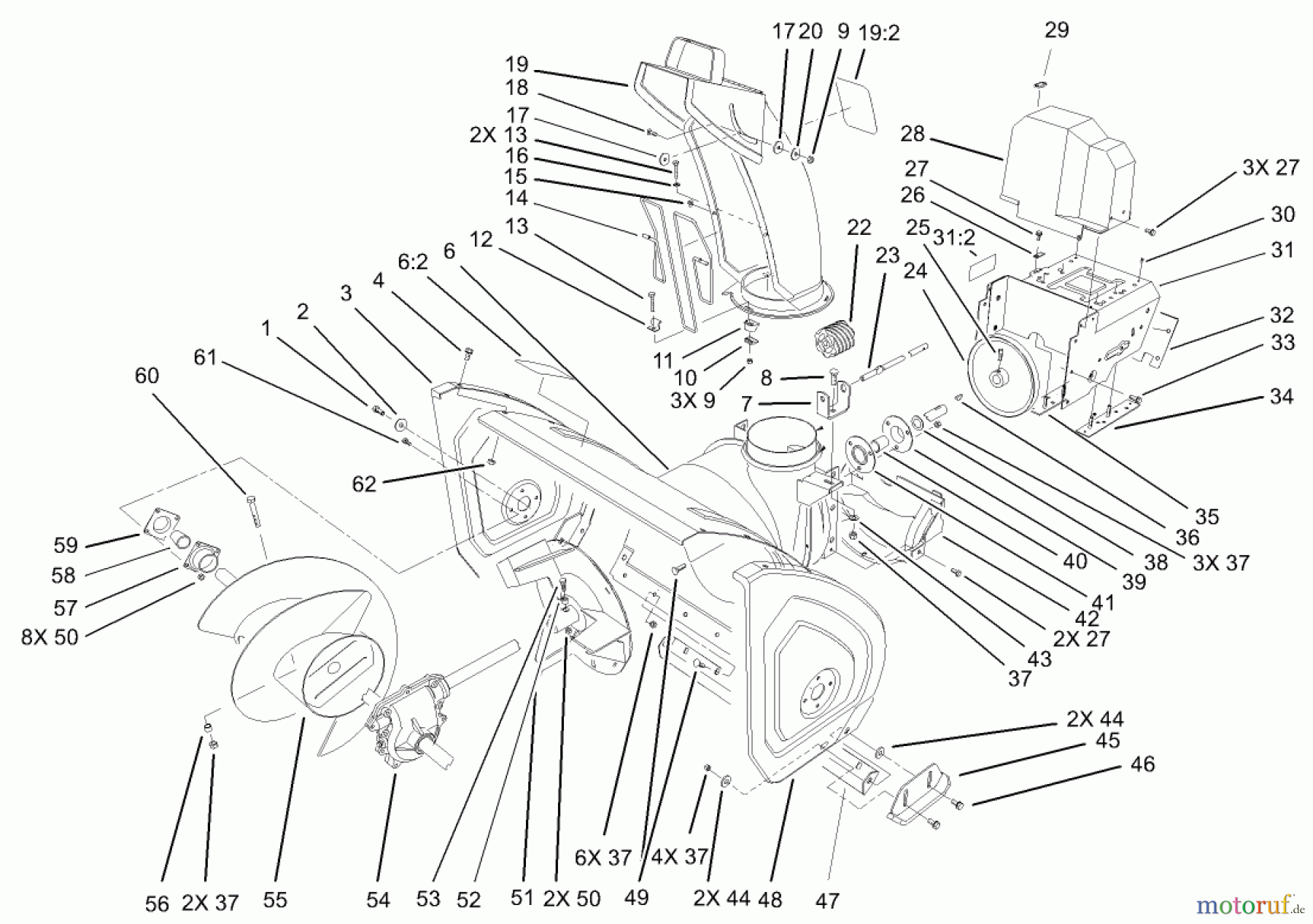 Toro Neu Snow Blowers/Snow Throwers Seite 1 38087 (1332) - Toro 1332 Power Shift Snowthrower, 2004 (240000001-240999999) HOUSING AND ENGINE FRAME ASSEMBLY