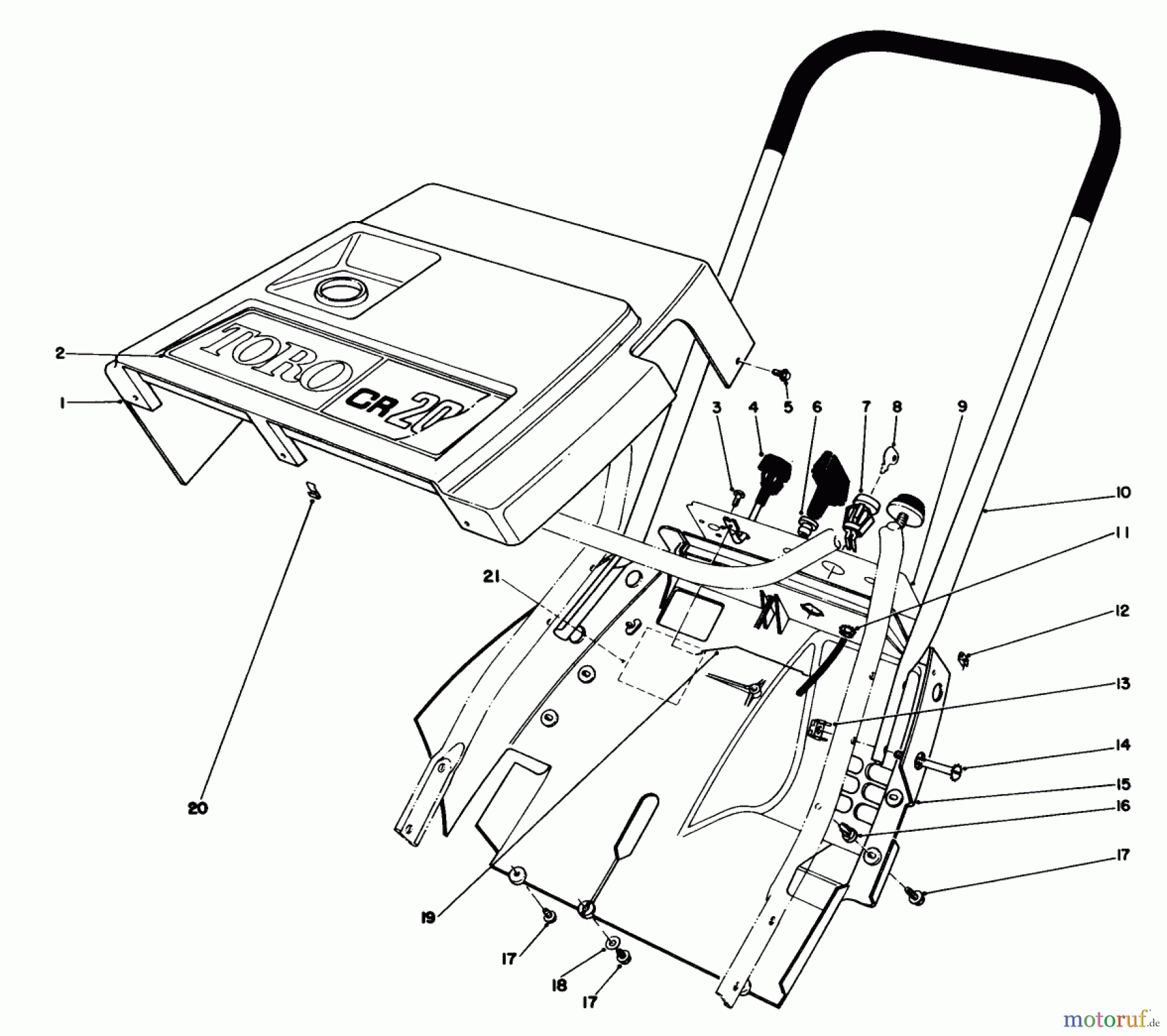 Toro Neu Snow Blowers/Snow Throwers Seite 1 38115C (CR-20R) - Toro CR-20 Snowthrower, 1988 (8000001-8999999) SHROUD & HANDLE ASSEMBLY