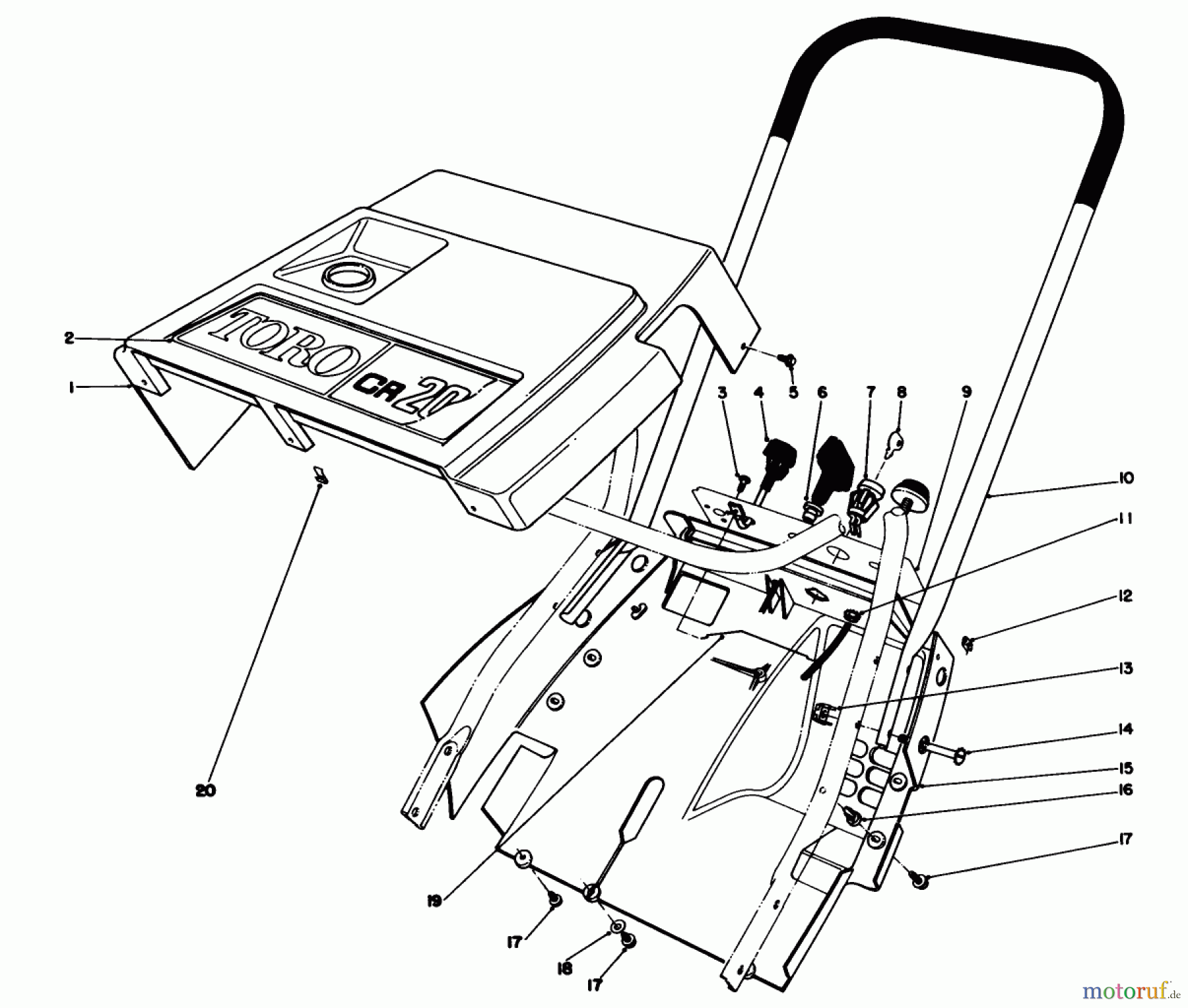 Toro Neu Snow Blowers/Snow Throwers Seite 1 38116 (CR-20R) - Toro CR-20 Snowthrower, 1988 (8000001-8999999) SHROUD & HANDLE ASSEMBLY
