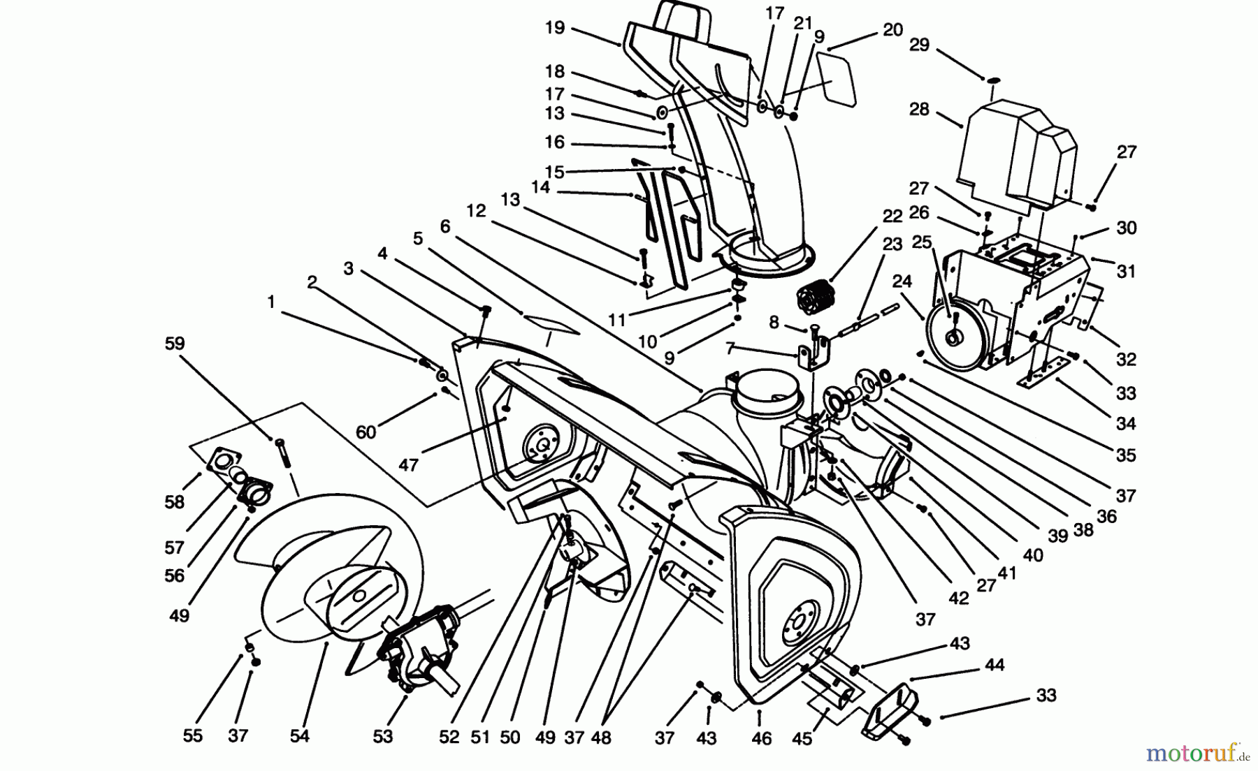 Toro Neu Snow Blowers/Snow Throwers Seite 1 38555 (1028) - Toro 1028 Power Shift Snowthrower, 1995 (59000001-59999999) HOUSING & CHUTE ASSEMBLY