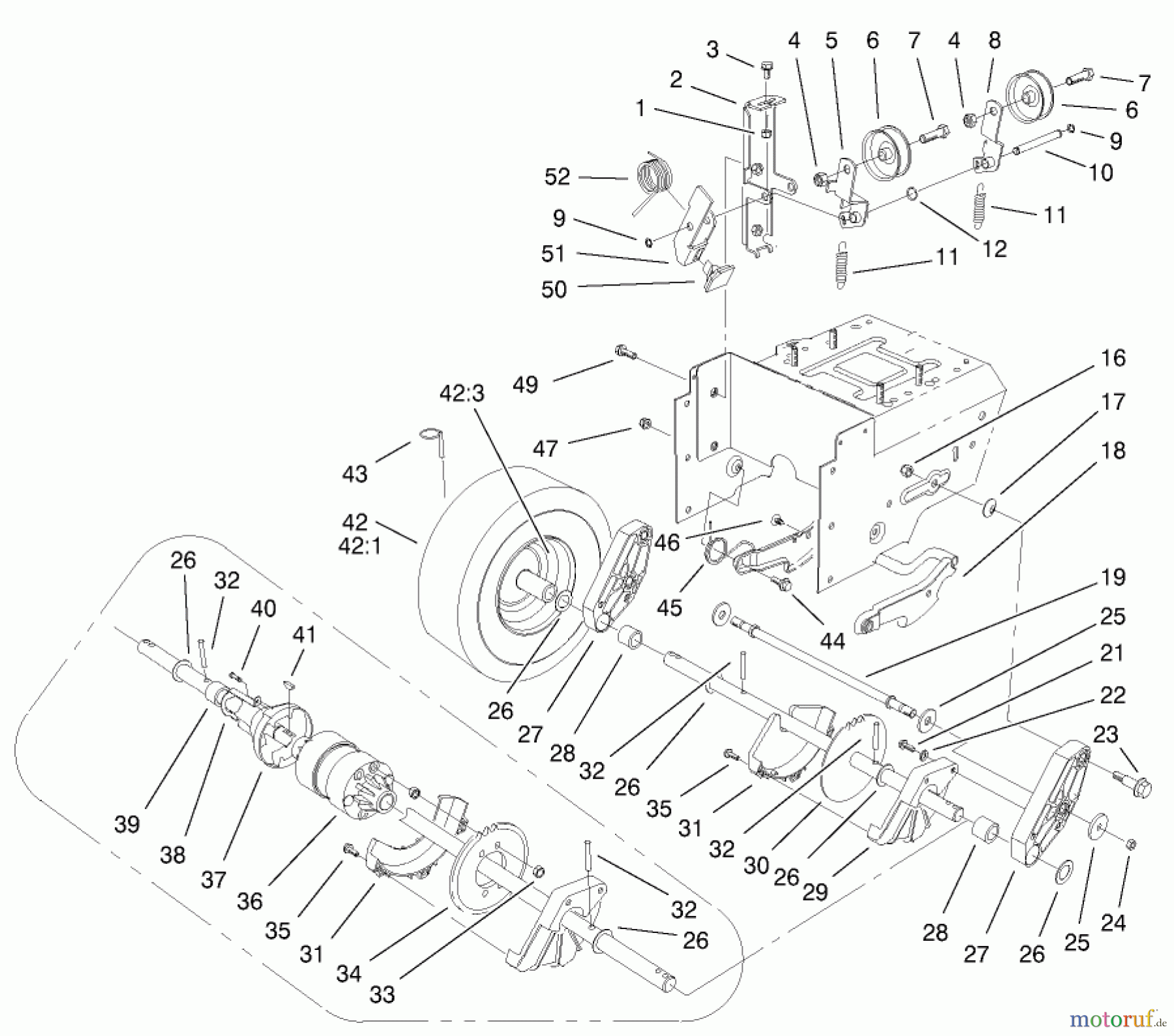  Toro Neu Snow Blowers/Snow Throwers Seite 1 38559 (1028) - Toro 1028 Power Shift Snowthrower, 2001 (210000001-210999999) LOWER TRACTION ASSEMBLY