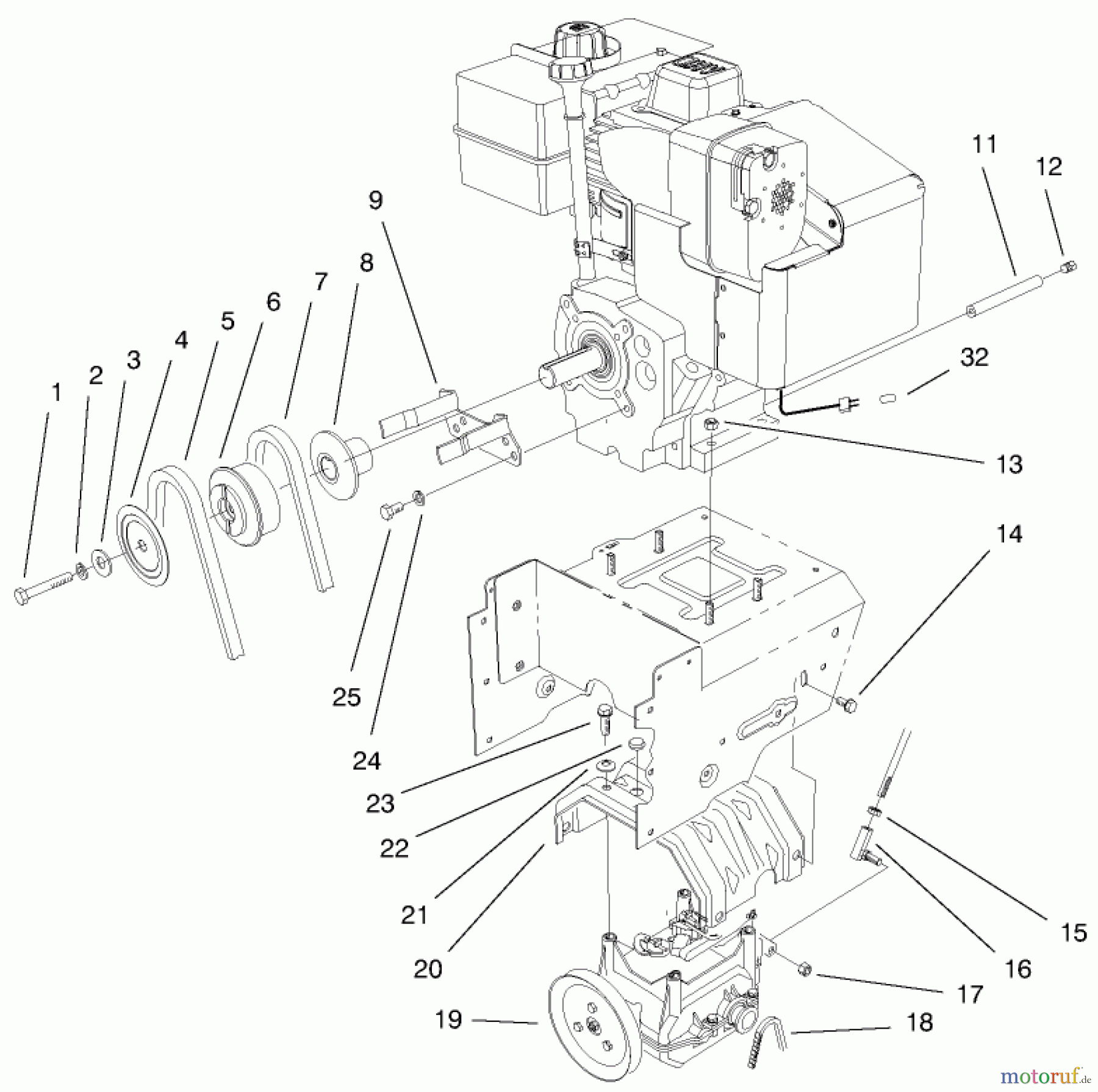 Toro Neu Snow Blowers/Snow Throwers Seite 1 38590 (1232) - Toro 1232 Power Shift Snowthrower, 1999 (9900001-9999999) ENGINE & TRANSMISSION DRIVE ASSEMBLY