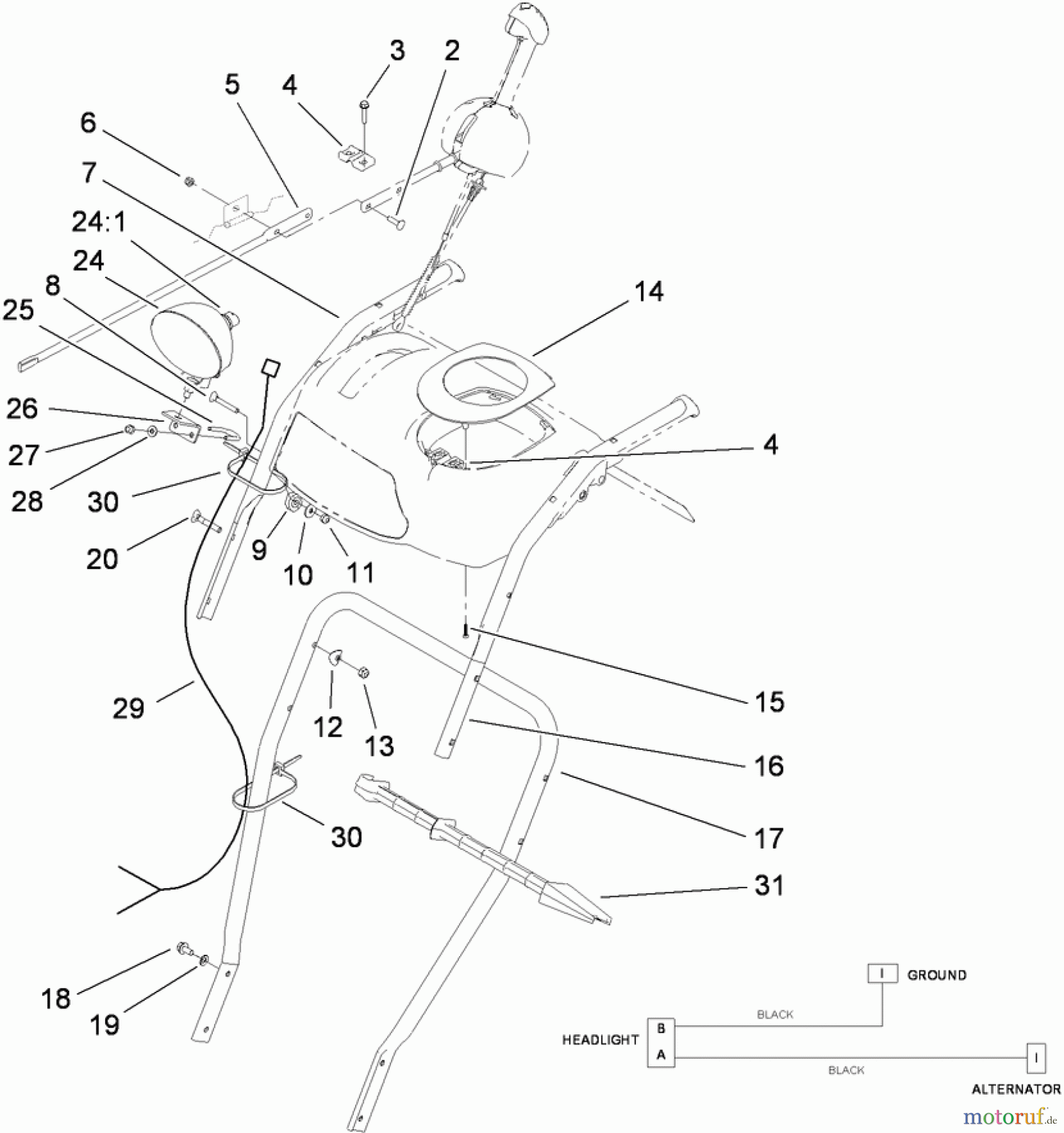 Toro Neu Snow Blowers/Snow Throwers Seite 2 38634 (828 OXE) - Toro Power Max 828 OXE Snowthrower, 2012 (SN 312001725-312999999) LOWER HANDLE AND HEADLAMP ASSEMBLY