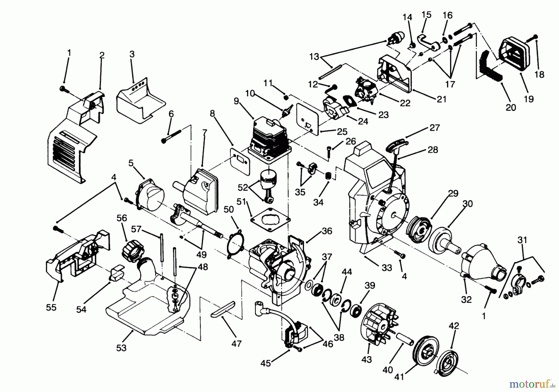  Toro Neu Trimmers, String/Brush 51653 - Toro 28cc Straight Shaft Trimmer, 1994 (4900001-4999999) ENGINE ASSEMBLY MODEL NO. 51638 & 51653