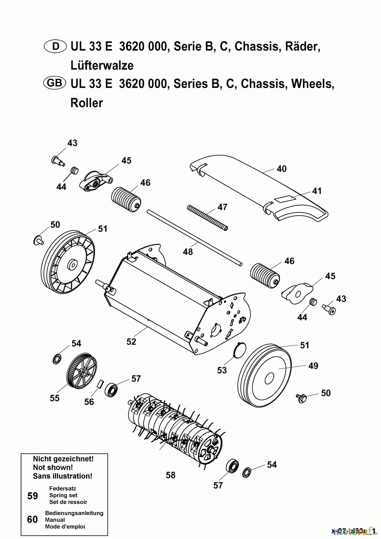  Wolf-Garten Rasenlüfter UL 33 E 3620000 Serie B, C  (2003) Messerwalze, Räder